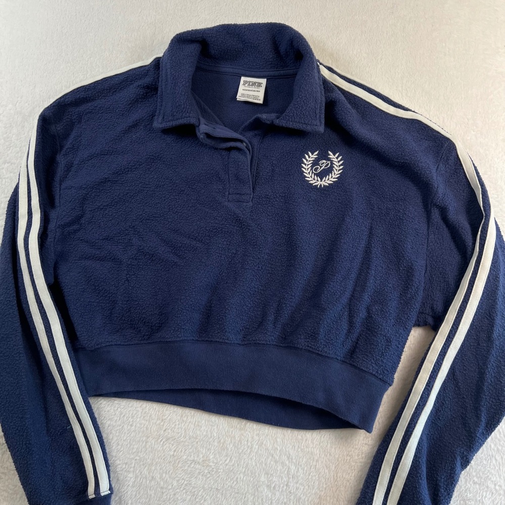PINK Victoria's Secret Navy Blue Cropped Fleece Pullover Crest Logo XS